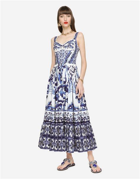 dolce & gabbana calf-length bustier dress in majolica-print poplin|dolce models list.